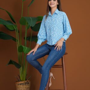 Sky Blue Puff Sleeve Button Down Shirt
