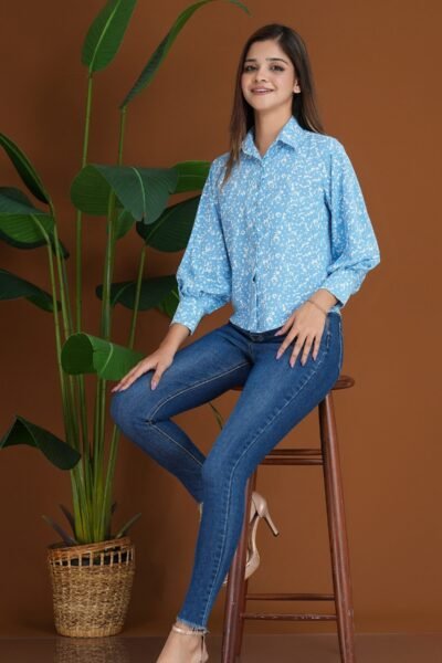 Sky Blue Puff Sleeve Button Down Shirt