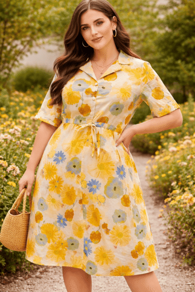 WAIST TIE FRONT FLORAL DRESS YELLOW