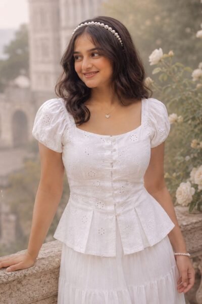 GRACE PLEATED PEPLUM TOP OFF WHITE